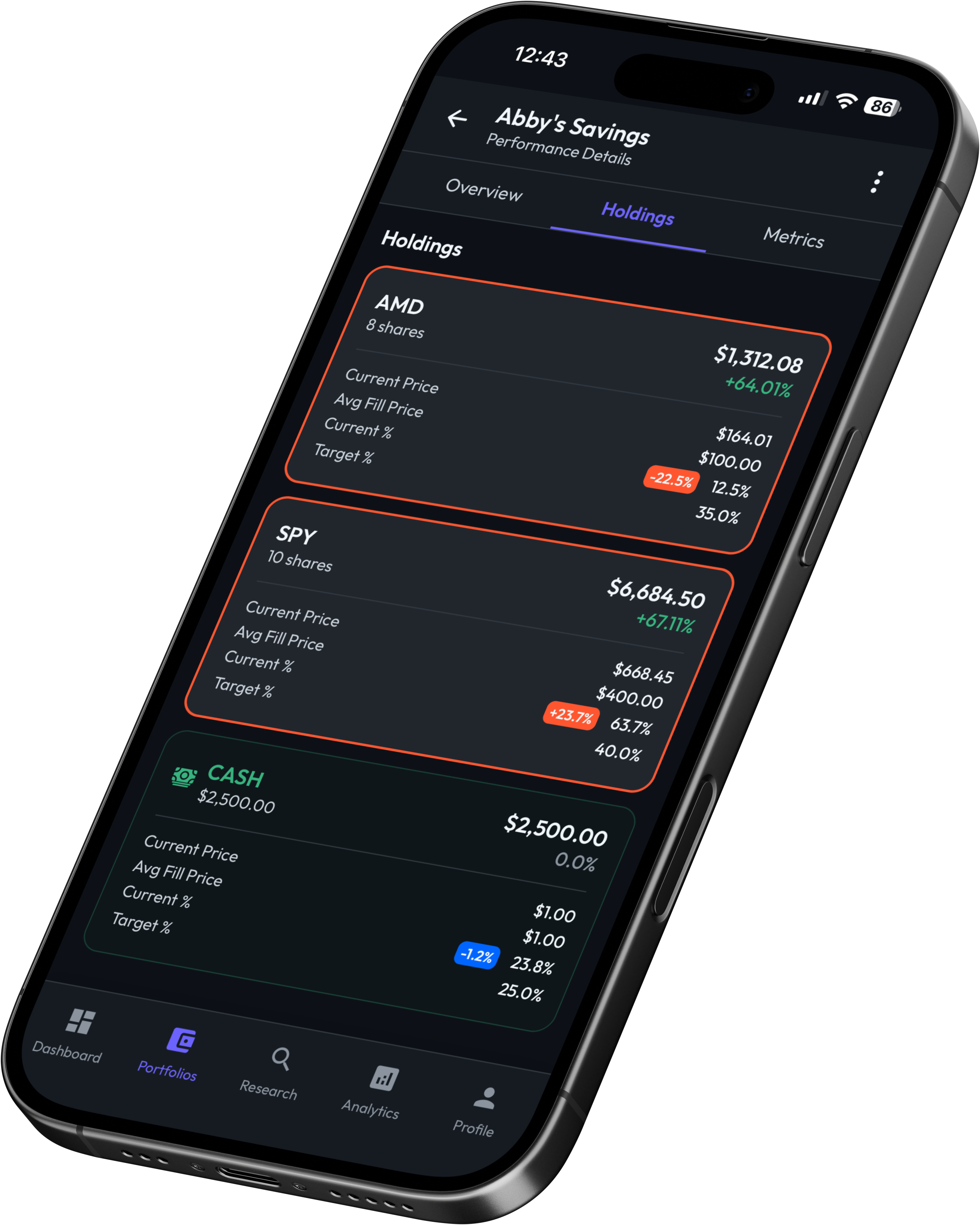 PortfolioIQ dashboard displaying investment portfolio on mobile device with real-time analytics and performance metrics